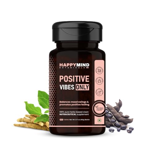 Image of HappyMind Botanicals Positive Vibes Only | Ayurvedic Mood Enhancer Supplement for Women & Men | Controls Mood Swings, Balances Emotions & Hormones | Ashwagandha, Ginseng, Kapikachu | 60 Vegan Tablets