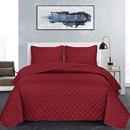 Double Bedspread Throw Quilted Comforter Set Full Fitted Bed Cover Reversible Embossed Pattern Quilt Coverlet for Toddler Teenager Bedroom (INS Red)