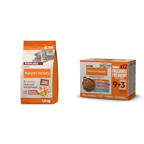 Nature's Variety No Grain Pienso para Gatos Esterilizados con Salmón Noruego - 1,25kg + Nature's Variety Bocaditos en Salsa Comida Húmeda para Gatos Cajita Multisabor 12 x 85g