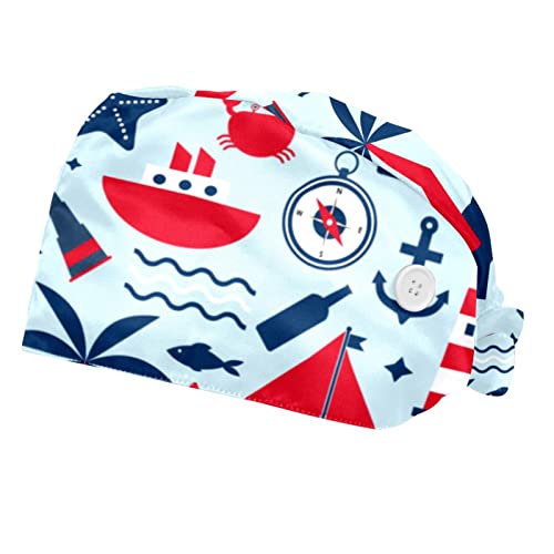 Chapeaux de travail bouffants JDEZ en lot de 2 avec motifs nautiques bleus