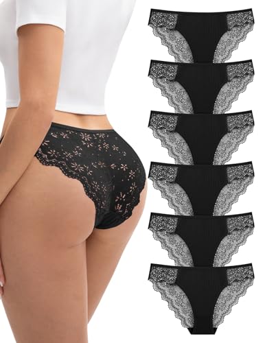 FallSweet Pack de 6 Calzoncillos de Encaje Braguitas brasileñas para Mujer Hipster Ropa Interior Mujer