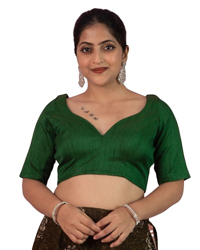 Image of FIGURE'S DESIGNER Women's Dupion Raw Silk Half Elbow Sleeves Sweetheart V Neck Sabyasachi Cut Readymade Saree Blouse S10