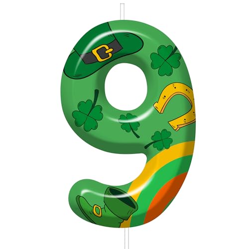 St Patricks Day Birthday Candles Number 9 Green Lucky Four Leaf Clover Candle for St. Patrick's Day Cake Topper Birthday Anniversary Party Decorations Cake Decor Rainbow Theme Number Candles Birthday