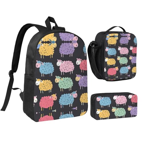 Cute colorful sheep cartoon pattern print Backpack 3pcs Set Including 17 Inch Large BookBag With Lunch Bag And Practical Pen Bag