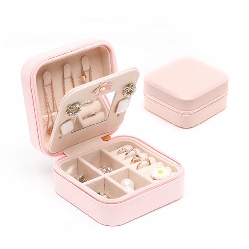 Kzouenzu Caixa de jóias com espelho, portátil Jewelry Organizer para meninas e mulheres, caixa de jóias viagem para anéis, colares, relógios, pulseiras, branco [rosa]