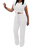 Two Piece Sets For Women Summer Sexy Tie Front Crop Top Wide Leg Pants Set Casual Tracksuit Ribbed 2 Piece Outfits