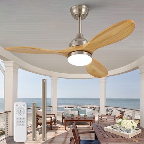 Image of OKDNEG 42 Inch Ceiling Fans with Lights and Remote, Brushed Nickel 3 Blade Outdoor Ceiling Fans,3CCT Dimmable,Timer,Quiet DC Motor,6 speed,Indoor Outdoor Ceiling Fan for Offices Farmhouse Gazebo Patio