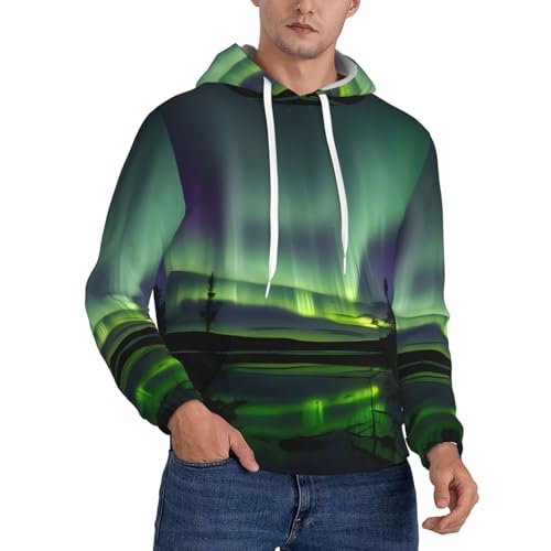 Sweat à capuche homme imprimé aurores boréales pull cordon de serrage