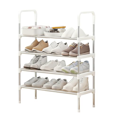 Nydunce Organiseur pour chaussures 4 niveaux, étagère à chaussures compacte pour intérieur/extérieur, étagère multifonction pour entrée, couloir, armoire - blanc, 56 x 26 x 80 cm