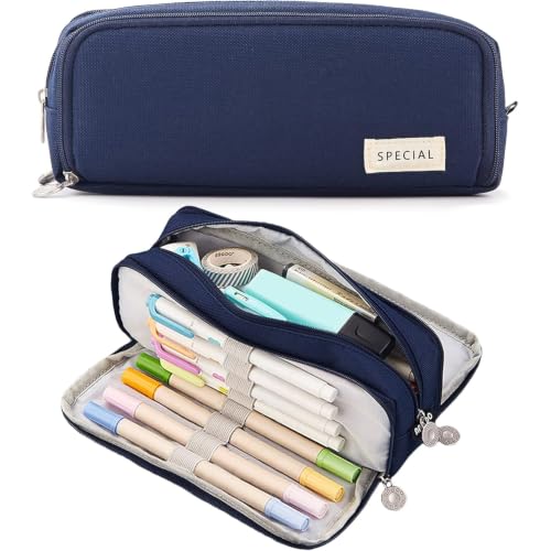 Image of MAMUNU Large Capacity Pencil Case, 3 Compartments Canvas Pencil Pouch with Zipper, Aesthetic Pencil Bag Pen Pouch for School Office Students Teen Girls Boys, Dark Blue