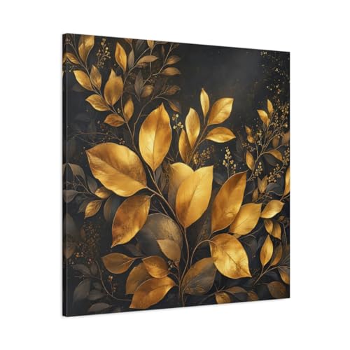 Impression sur toile feuilles dorées art mural sombre 80x80