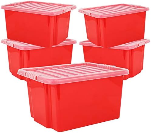 Guaranteed4Less 35L Plastic Coloured Storage Boxes Container Drawer Lid Wardrobe Shoes Kids Toys (1 Red)
