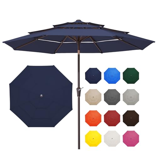 Image of JEAREY 9FT 3 Tier Patio Umbrella Outdoor Market Umbrella Table Umbrellas with 8 Ribs 1.5 Pole Push Button Tilt and Crank UV Protection for Garden,Navy