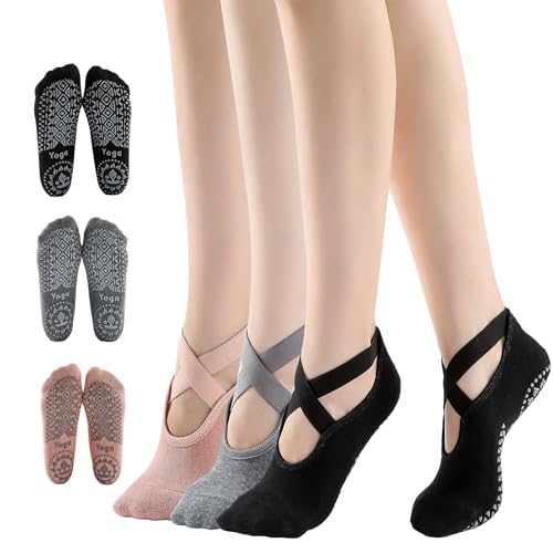 CXXBOOB 3 Paires Chaussettes De Yoga,Pilates Chaussettes AntidéRapantes,Chaussettes De Sport AntidéRapantes Pour Le Yoga Barre Pilates Danse Pour Femmes...