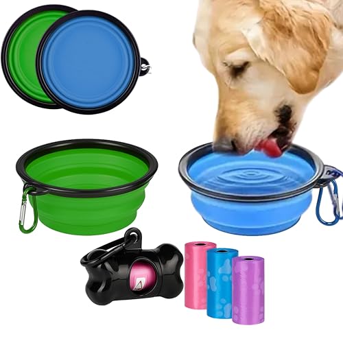 CYNENYC Kit Bebedero Comedero Plegable para Perros + Dispensador de Bolsas con 3 Rollos de Regalo, 2 uds de Cuenco de Silicona Premium, Tazón Portatil de 350 ml para Viajes, Paseos o Excursiones.