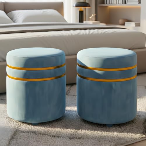 Image of Decorative Ottoman Pouffes for Sitting - Two-Piece Set of Puffy Stools and Footstools - Round Ottoman Stool for Living Room Furniture (Sky Blue)