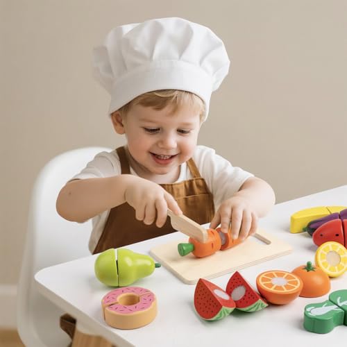 KDSFT Wooden Play Food for Toddlers - 34Pcs Velcro Fruit and Veggies with Basket & Chopping Board, Play Food Sets for Kids Kitchen Accessories, Cutting Fruit Set for Ages 3+ - Thumbnail 7