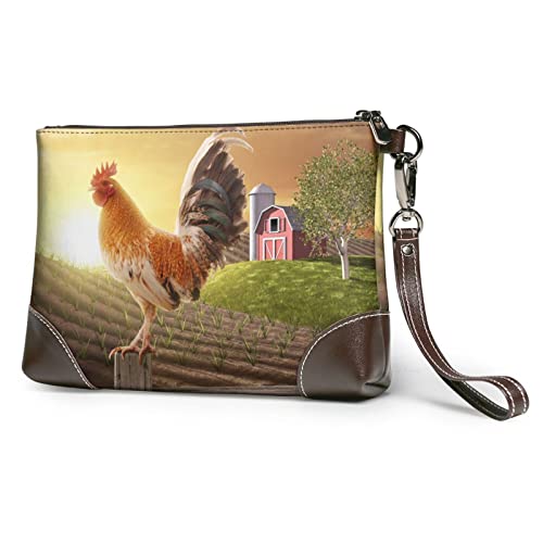 Women's Leather Wristlet Clutch Wallet Purses Handbag, Rooster on Wood in Farmland