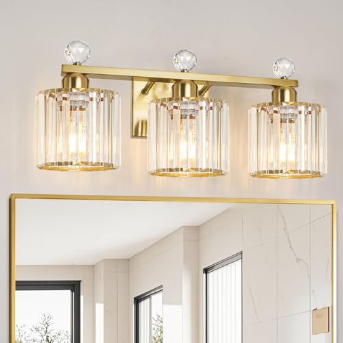 Image of Lxybcce Modern Crystal Bathroom Vanity Light, Gold Bathroom Lighting Fixture, Crystal Brass Vanity Light Fixture Over Mirror, Bath Wall Mounted Lighting for Bedroom, Living Room