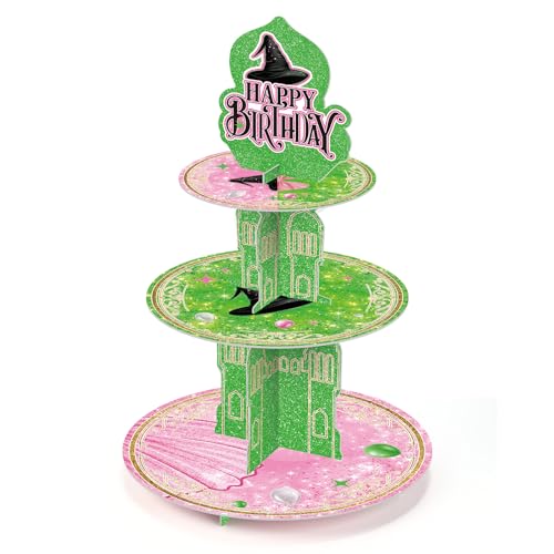 Baderke 3 Tier Pink and Green Cupcake Stand Witch Themed Happy Birthday Decoration Desert Tower Cake Stand with Topper Women Party Cupcake Display Holder Table Centerpiece Supplies