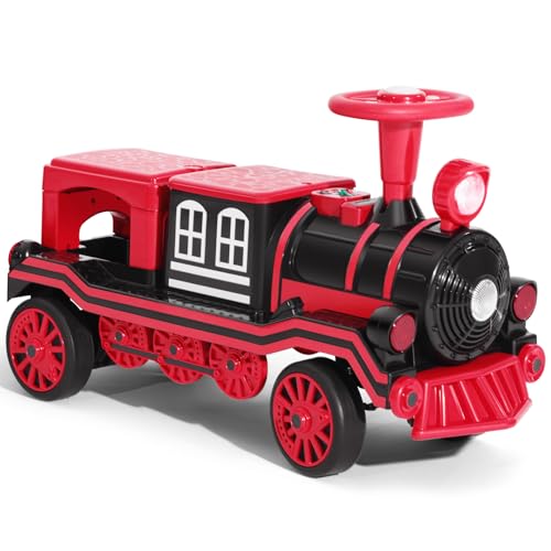 JOYLDIAS 2 Seater Ride On Train, 12V Kids Ride On Toy with Music, Train Honk, Lights, High/Low Speed and Storage, Red