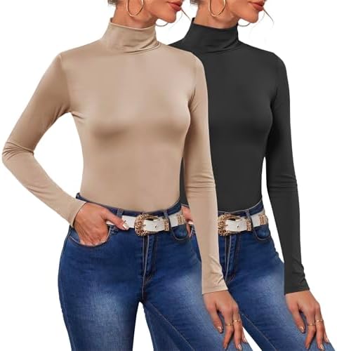 POPZONE 2 Pack Women's Turtleneck Long Sleeve Tops Mock Neck Slim Fit Shirt Basic Soft Lightweight Base Layer Undershirts