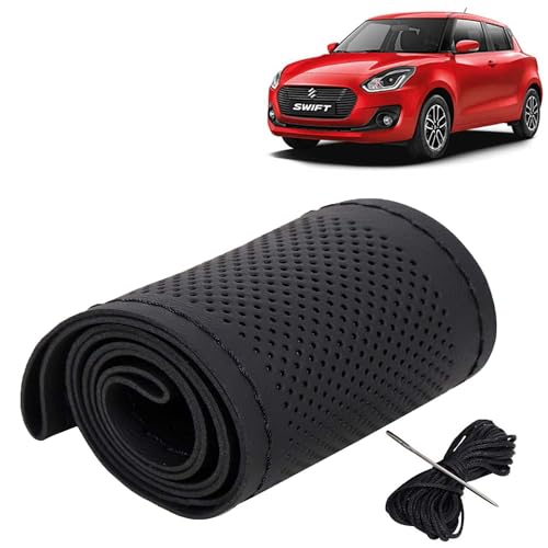Image of KINGSWAY PU Leatherite Car Steering Cover Sewable Compatible with Maruti Suzuki Swift (Year 2018-2020), Black Color with Black Thread, Pack of 1 with Sewing Needle and Thread