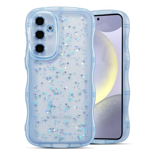 QLTYPRI Case for Samsung Galaxy A16 4G/5G, Cute Curly Wave Frame Clear Glitter Case for Girls Women, Sparkle Bling Soft TPU Bumper Transparent Shockproof Phone Cover - Blue