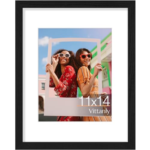 Vittanly 11x14 Picture Frame, Display Pictures 8x10 with Mat or 11x14 without Mat, Photo Frame for Wall Mounting, Black, 1 Pack