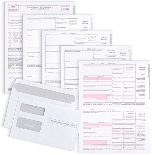 1099 INT Interest Tax Forms 2025 4 Part, 25 Pack of Interest Income Laser Forms Compatible with QuickBooks and Accounting Software, 25 Self Seal Envelopes Included