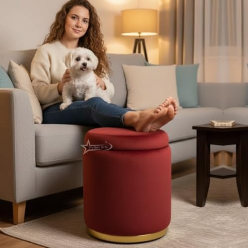 Image of Velvet Round Single Strip Ottoman Office Stool Foot Rest Stool Velvet Fabric Padded Seat Pouf Ottoman 16 X 16X 19 inch,in Round Shape for Living Room RED