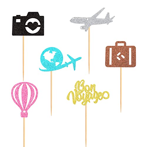 Ercadio 36 Pack Travel Cupcake Toppers Glitter Bon Voyage Cupcake Toppers Airplane Luggage Camera And Map Cupcake Picks For Travel Theme Baby Shower Birthday Party Supplies #TOP6