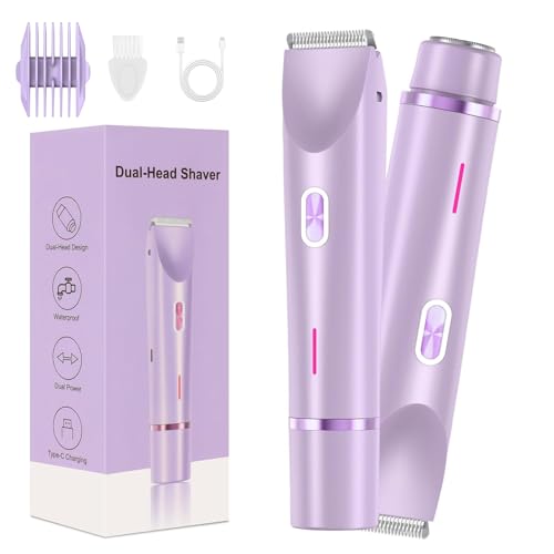 Bikini Shaver,2 in 1 Dual Head Bikini Trimmer & Body Shaver, Painless Hair Removal with Silky Glow Finish, Cordless & Waterproof Electric Trimmer for Women,Purple