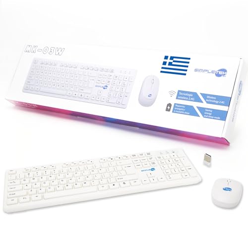 Simpletek - Zestaw myszy i klawiatury bezprzewodowej 2,4 G, grecki układ GR | grecka klawiatura QWERTY z klawiaturą numeryczną ergonomiczna mysz 3 przyciski odbiornika USB