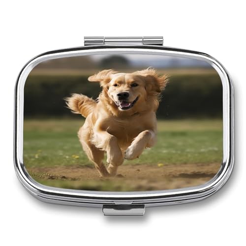 Golden Retriever Running Pill Organizer Metal Pill Case with 2