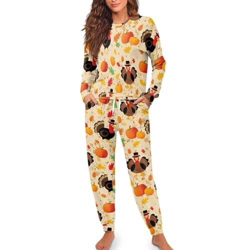 Image of Womens Lounge Set Long Sleeve Soft Pajama Sets Casual 2 Piece Pj Outfit Crewneck Sleepwear with Pockets Plus Size