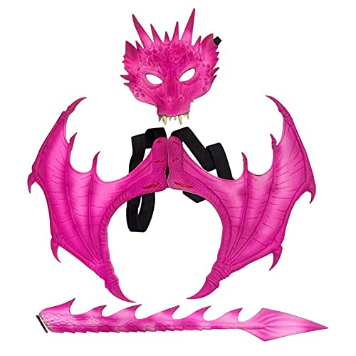 JstDoit Costume d'ailes de dragon d'halloween pour enfants garçons, accessoires de cosplay de dragon, aile de dragon, queue, masque pour cosplay de Mardi Gras d'halloween (rose rouge, taille unique) Cover