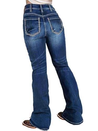 Flamingals Jeans feminino elástico moderno bordado controle de barriga levanta bumbum jeans flare, Azul marinho intenso, P