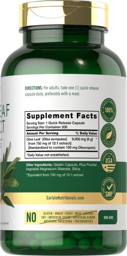 Carlyle Olive Leaf Extract Capsules | 9000Mg | 200 Count | Non-Gmo, Gluten Free | High Potency Supplement #TOP1