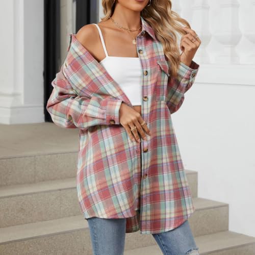 Flannel Plaid Shirts Womens Fall Casual Long Sleeve Button Down Tops Teacher Clothes Thanksgiving Cotton Sweatshirt Tee Y2K Pink - image 4