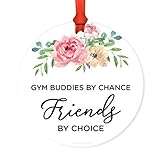Andaz Press Round Metal Christmas Ornament Funny Friendship Gift, Gym Buddies by Chance, Friends by Choice, Floral Graphic, 1-Pack, Includes Ribbon, for Best Friends Gym Buddy Gifts Gym Ornaments