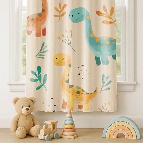 Image of STITCHNEST Velvet Kids Curtains Pack of 2 | Cute Dinosaur Jungle Print | Semi Blackout Curtains for Baby, Toddler & Nursery Room | 5 Feet