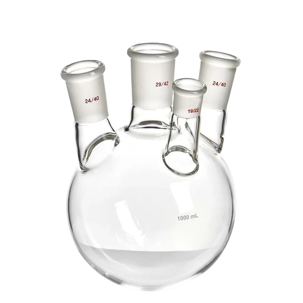 For laboratorio, frasco oblicuo de cuatro bocas de paredes gruesas, matraz de cuatro bocas de forma oblicua, capacidad 1000 ml, vidrio de borosilicato(1000mL-F2290091)