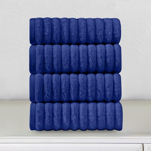Image of Elegant Comfort Luxury 100% Turkish Cotton Corduroy Ribbed 4 Pack Hand Towel Set 16 x 28 Inch - Absorbent, Super Soft, Quick Dry, Premium Towels for Bathroom, Gym, Spa and Hotel Use, Royal Blue