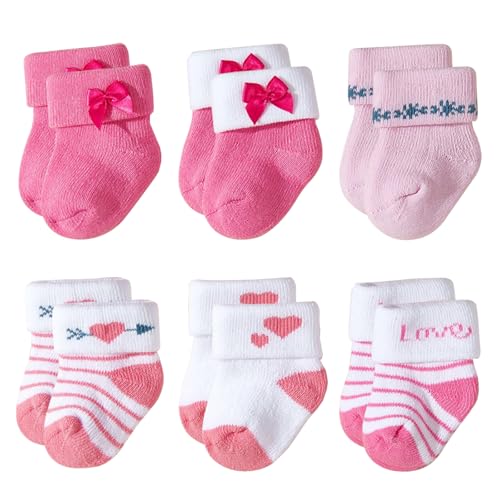 Image of Meeshine 6 Pack Newborn Baby Socks Thick Turn Cuff Fun Essential Terry Cotton Rich Infant Socks for 0-12 Unisex Girls Boys