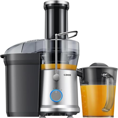 GDOR Estrattore per succo da 300 W con foro di riempimento più grande da 81 mm, ciotola per succo grande da 1250 ml, grande spremiagrumi, macchina a 3 velocità, facile da pulire