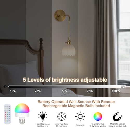 Image of Vintage Battery Operated Wall Sconces Sets Of Two, Indoor not Hardwired Milky White Tulip Glass Lampshade Fixtures, Rechargeable Wireless RGB Wall Lights with Dimmable Remote, for Bedroom Living Room