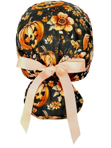 Image of Scrub Cap for Women and Men, Ponytail Scrub Caps, Working Hat, Head Cover with Ribbon Ties and Buttons, Long Hair