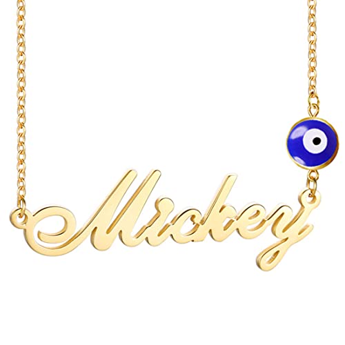 Custom Name Necklace Personalized with Evil Eye, Blue Turkish Eye Customized with Gold Silver Name Plate Nazar Amulet Protection Lucky Necklace for Women Girls