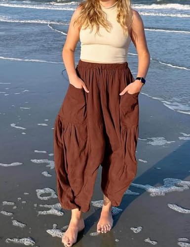 Linen Blend Drawstring Waist Pocketed Loose Pants Casual Simplicity Pocket Loose Mid Waist Wide Leg Solid Color Bottoms4